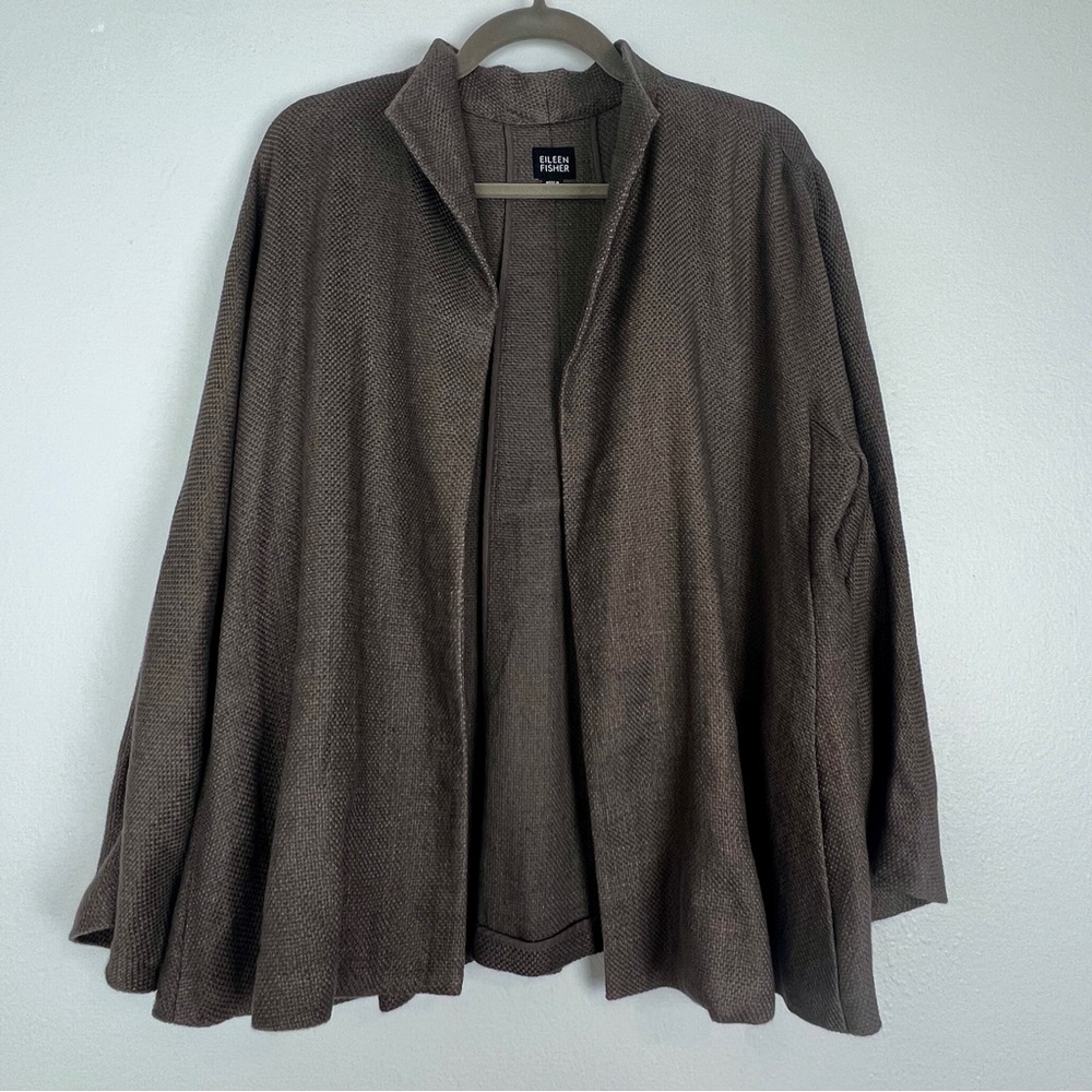 Eileen Fisher Brown Linen Open Front Cardigan Basketweave Stitch Lagenlook L